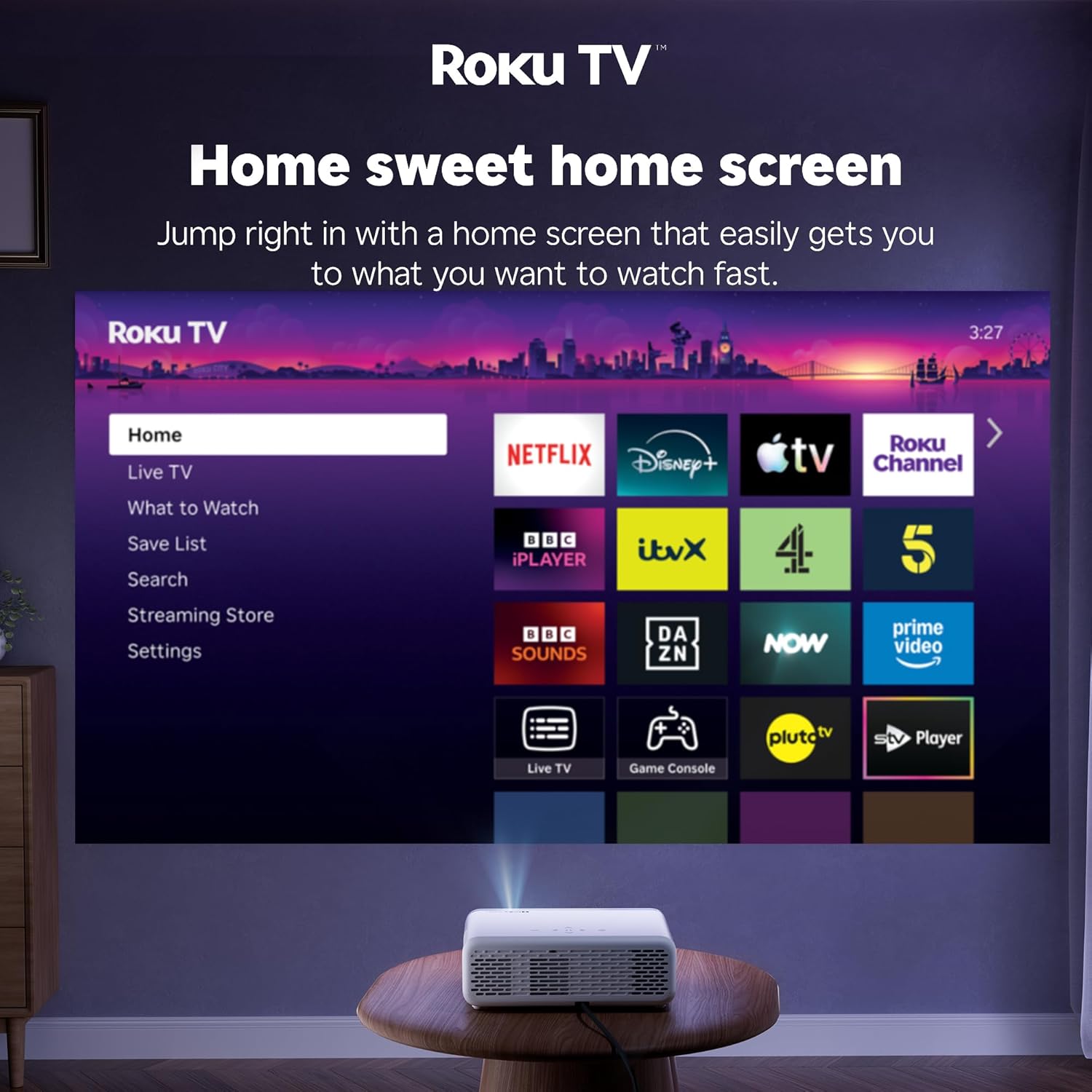Buy Aurzen,Aurzen Roku TV Smart Projector for Bedroom, Roku Streaming Experience Built-in, 1080P FHD, Dolby Audio, Auto Focus & Keystone, Zoom, Portable Mini Projector for Outdoor Movie, White - Gadcet UK | UK | London | Scotland | Wales| Near Me | Cheap | Pay In 3 | Smart Projector