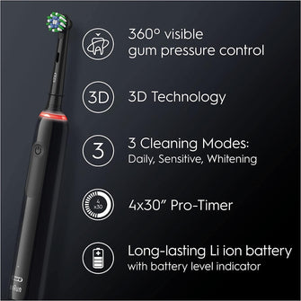 Buy Oral-B,Oral-B Pro 3 Electric Toothbrush with Smart Pressure Sensor, 1 Cross Action Toothbrush Head, 3 Modes with Teeth Whitening, Gifts for Men/Women, 2 Pin UK Plug, 3000, Black - Gadcet.com | UK | London | Scotland | Wales| Ireland | Near Me | Cheap | Pay In 3 | Electronics