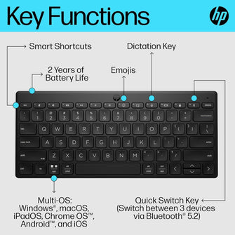 Buy HP,HP 350 Compact Bluetooth Keyboard. Connect up to 3 devices via Bluetooth 5.2, Multi-OS, with SMART shortcuts, dictation and emoji keys, made from 60% recycled materials, Black - Gadcet UK | UK | London | Scotland | Wales| Near Me | Cheap | Pay In 3 | Keyboard & Mouse