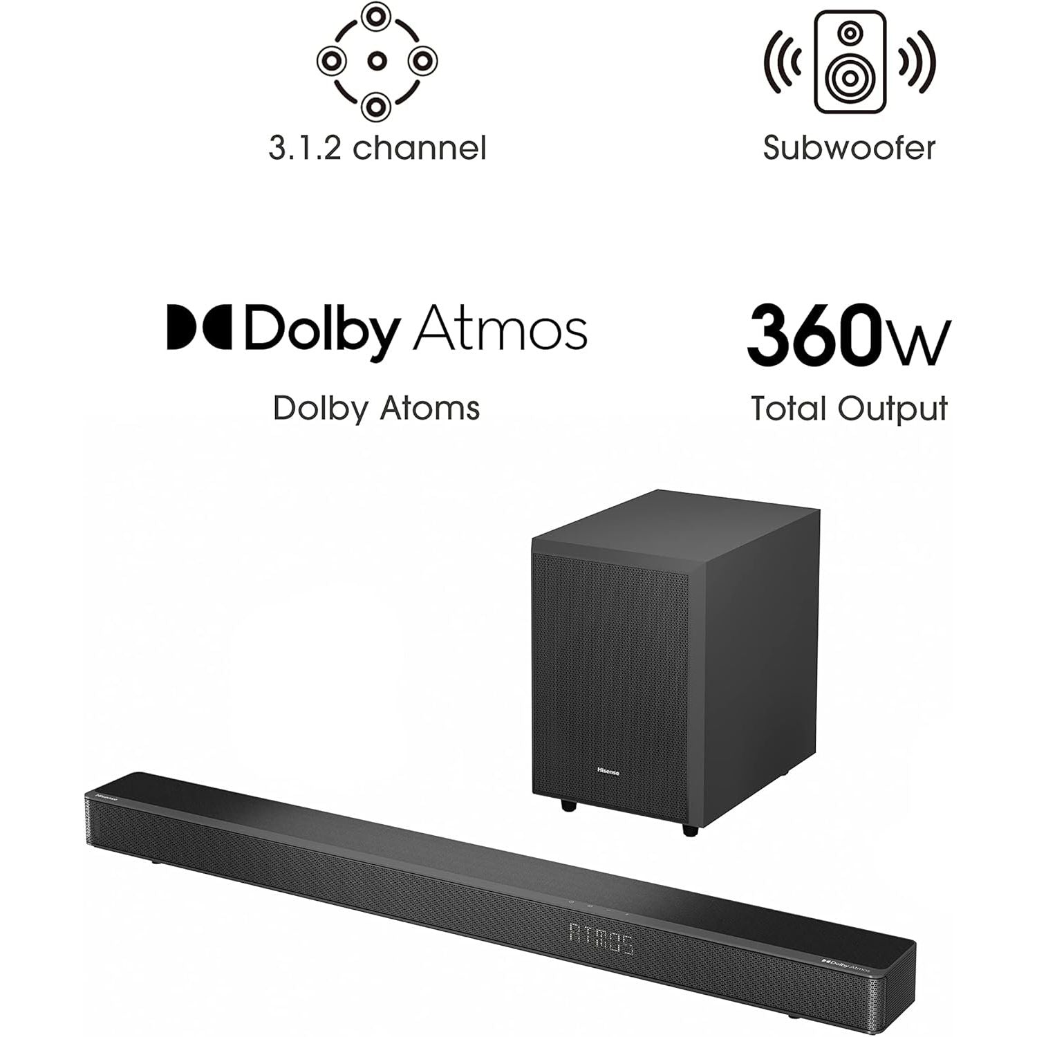 Buy Hisense,Hisense AX3120G 3.1.2 Channel 360W Dolby Atmos Soundbar with Wireless Subwoofer and Up-Firing Speakers - Gadcet UK | UK | London | Scotland | Wales| Near Me | Cheap | Pay In 3 | Speakers