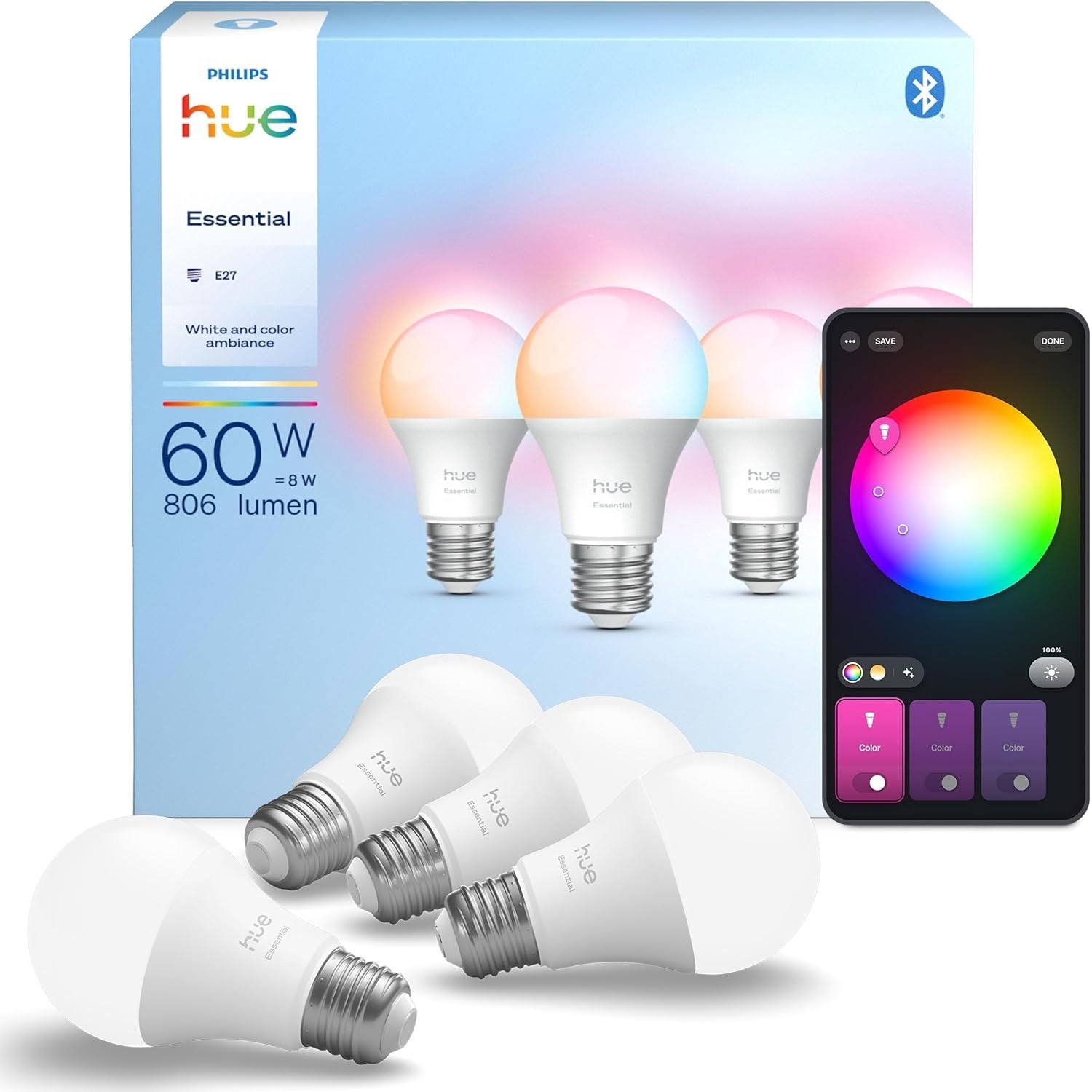 Buy PHILIPS,Philips Hue Essential Smart LED A60 Bulb – White & Colour Ambiance, E27 Base, 8W, 806 Lumens, Dimmable – 4 Pack - Gadcet UK | UK | London | Scotland | Wales| Near Me | Cheap | Pay In 3 | LED Light Bulbs
