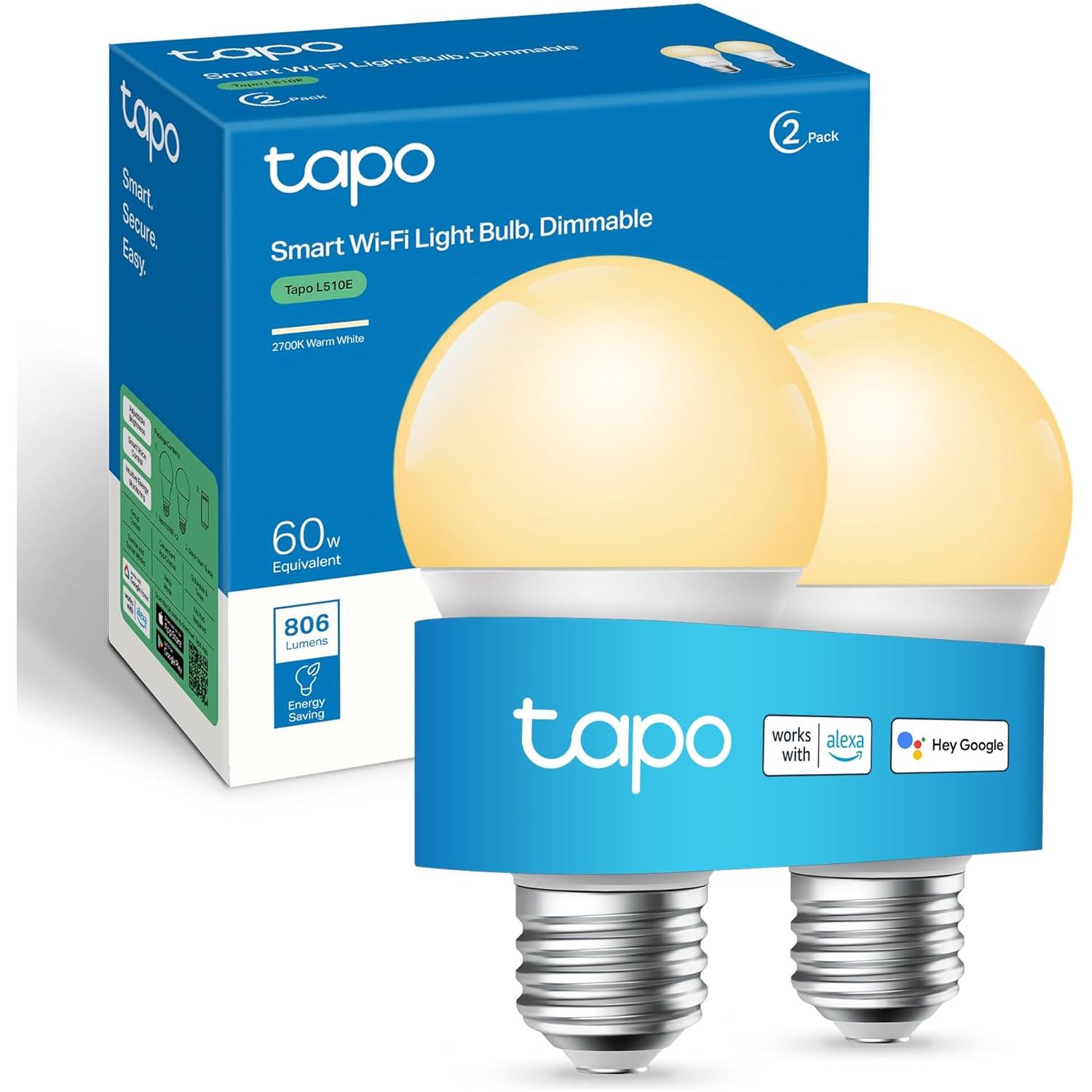 Buy Tapo,Tapo Smart Bulb E27 (2-Pack) – 8.3W Energy-Saving, Dimmable Warm White, Works with Alexa & Google Home (Tapo L510E) - Gadcet UK | UK | London | Scotland | Wales| Near Me | Cheap | Pay In 3 | LED Light Bulbs