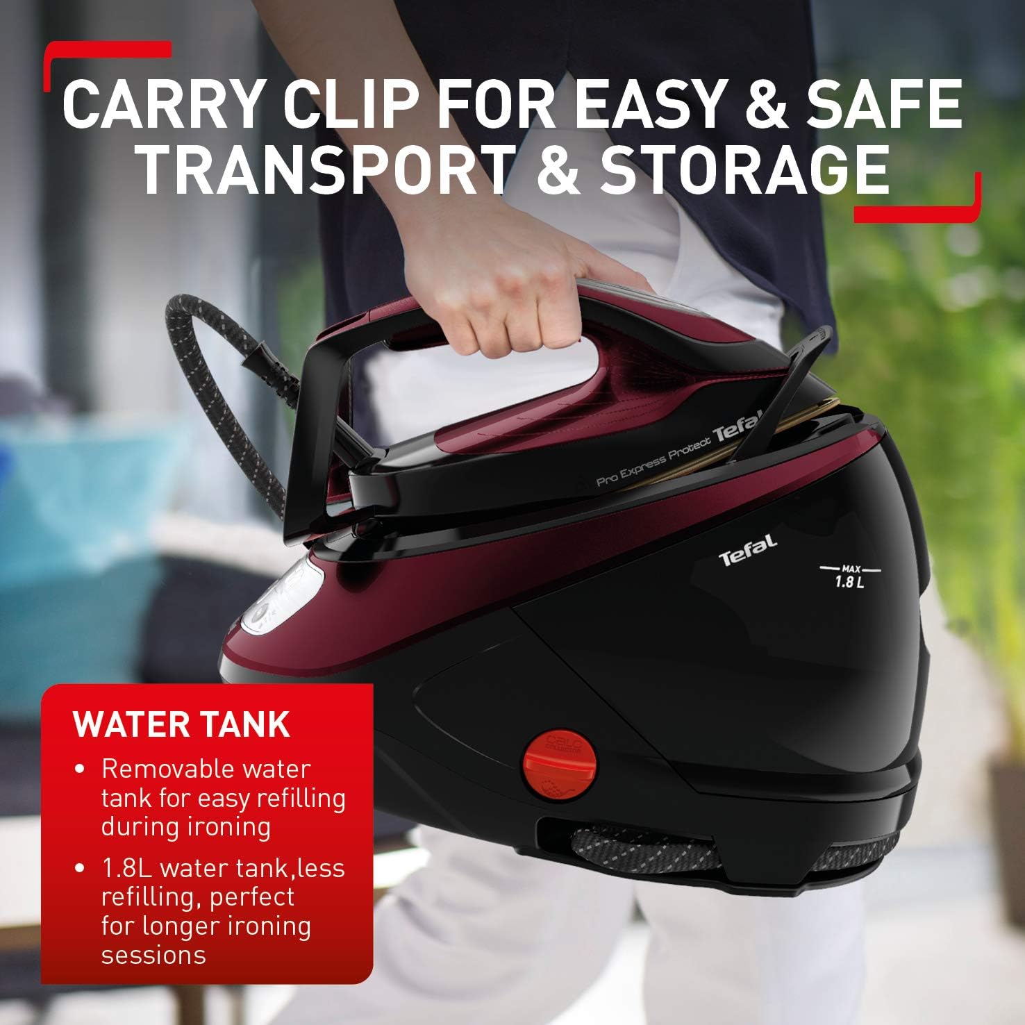 Buy TEFAL,Tefal Pro Express Protect Steam Generator Iron – 1.8L, 7.5 Bar, 140g/min Continuous Steam, 560g/min Boost, 2600W, Removable Scale Collector – Burgundy & Black (GV9230) - Gadcet UK | UK | London | Scotland | Wales| Near Me | Cheap | Pay In 3 | Irons
