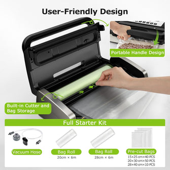 Bonsenkitchen VS4100 Vacuum Sealer Machine – Powerful Globefish Technology, Built-In Cutter & Bag Storage, Low Noise