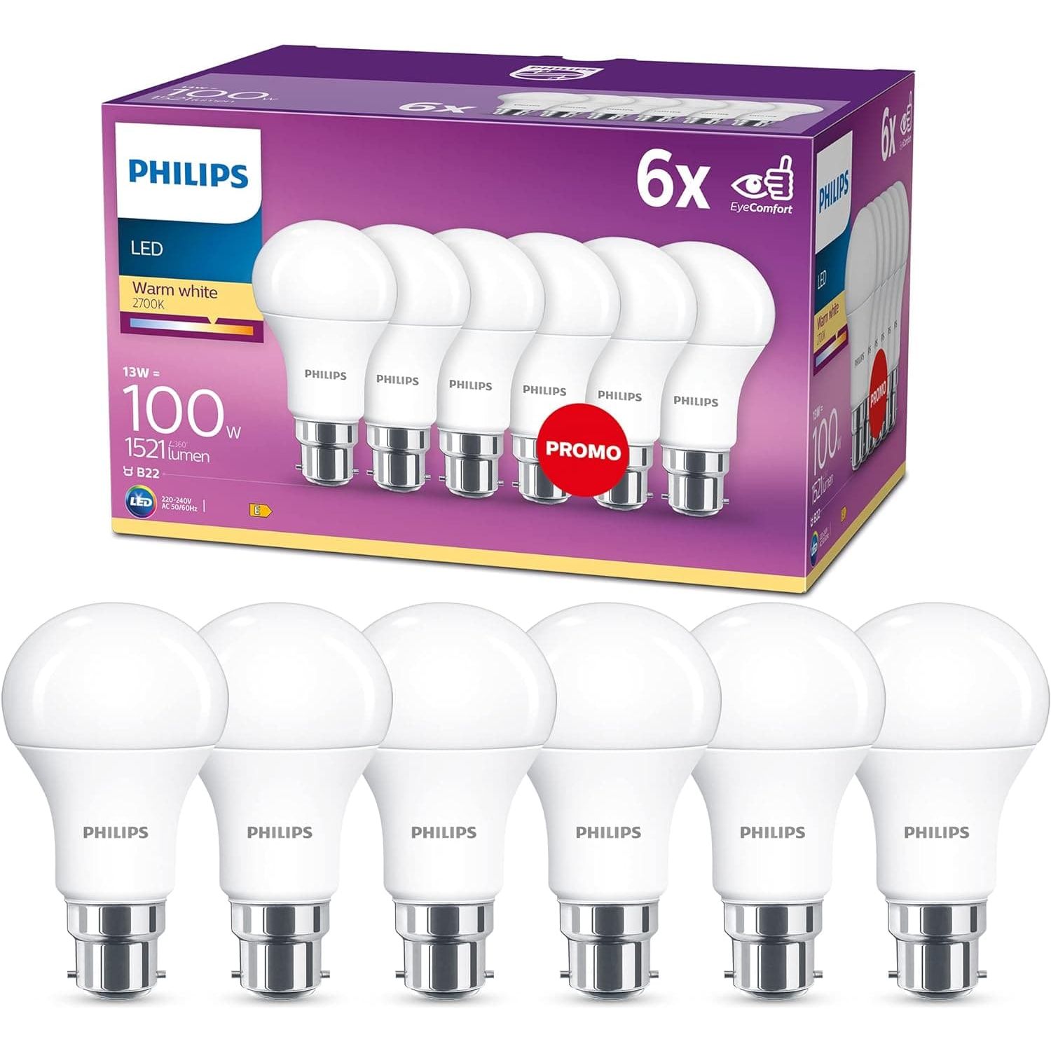 Buy PHILIPS,PHILIPS LED B22 Frosted 6 Pack Light Bulbs - 13 W (100 W) [Warm White] EyeComfort Non Dimmable for Indoor Home Lighting - Gadcet UK | UK | London | Scotland | Wales| Near Me | Cheap | Pay In 3 | LED Light Bulbs