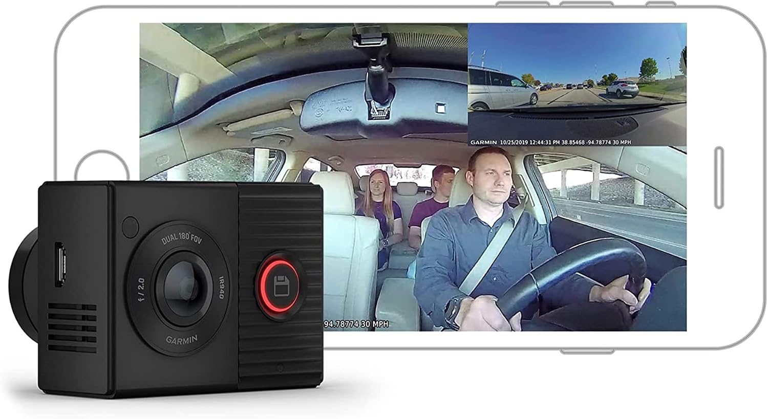 Garmin Dash Cam Tandem Dual-Lens Dash Camera – 1440p HDR Front, 720p NightGlo Interior, Dual 180° View, GPS, Voice Control & 16GB microSD – Black