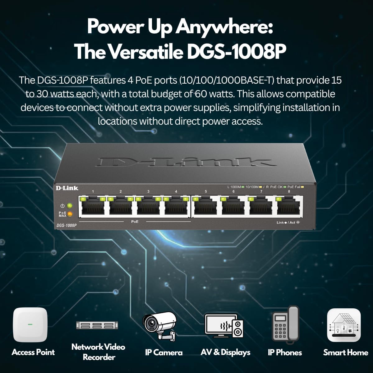 Buy D LINK,D-Link DGS-1008P 8-Port Gigabit Unmanaged PoE+ Network Switch – 4 PoE Ports, 60W Power Budget, Plug & Play, Metal Case - Gadcet UK | UK | London | Scotland | Wales| Near Me | Cheap | Pay In 3 | Power Over Ethernet Switches