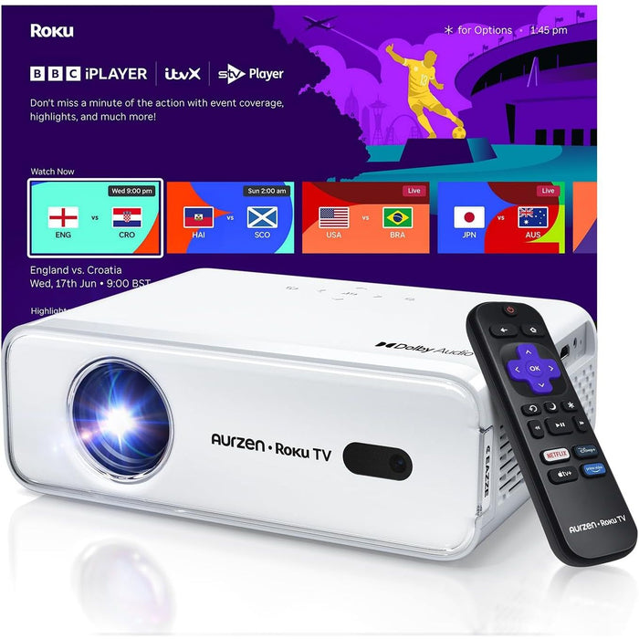 Buy Aurzen,Aurzen Roku TV Smart Projector for Bedroom, Roku Streaming Experience Built-in, 1080P FHD, Dolby Audio, Auto Focus & Keystone, Zoom, Portable Mini Projector for Outdoor Movie, White - Gadcet UK | UK | London | Scotland | Wales| Near Me | Cheap | Pay In 3 | Smart Projector