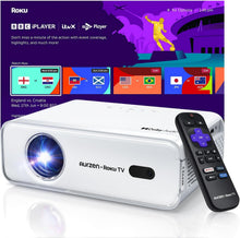 Aurzen Roku TV Smart Projector for Bedroom, Roku Streaming Experience Built-in, 1080P FHD, Dolby Audio, Auto Focus & Keystone, Zoom, Portable Mini Projector for Outdoor Movie, White