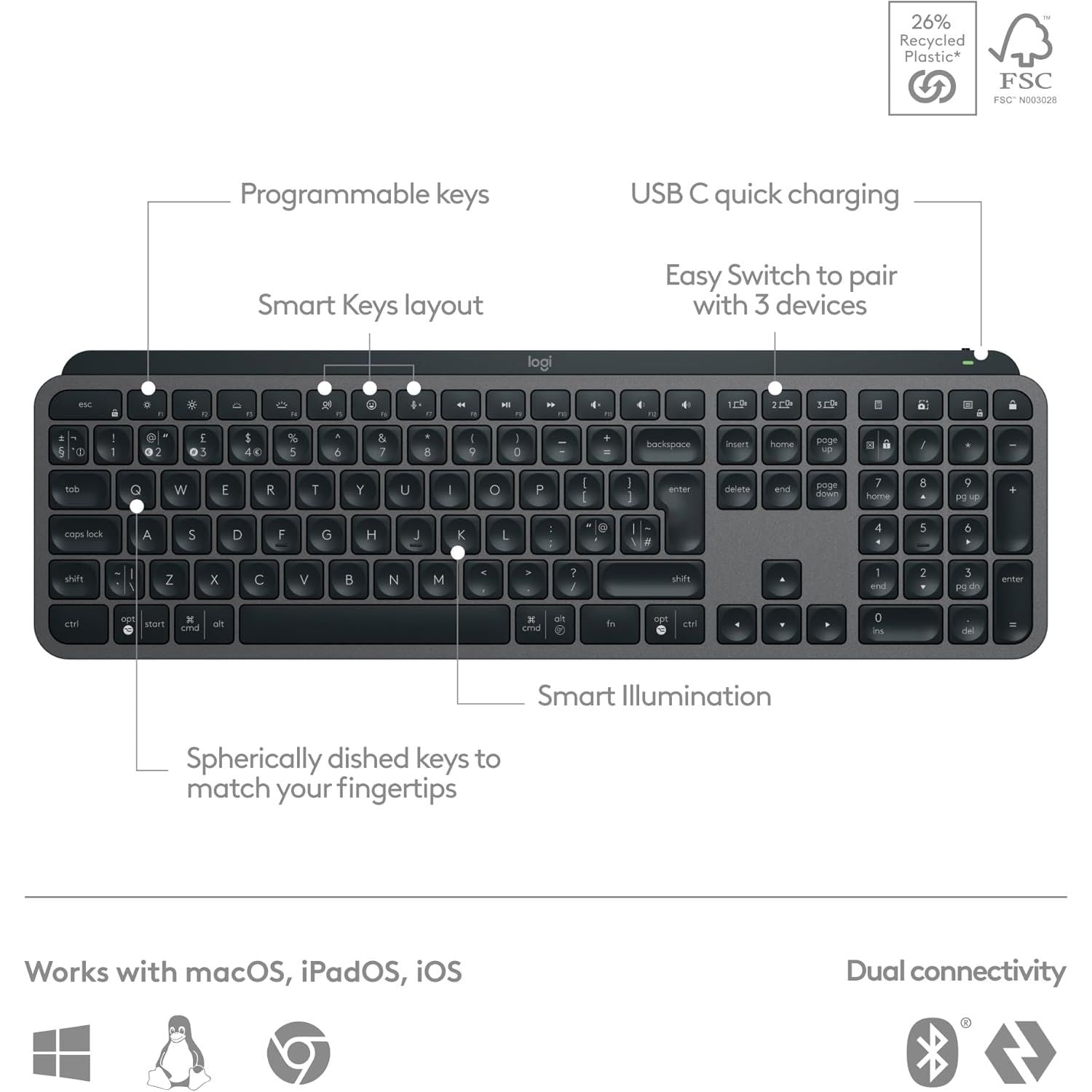 Buy Logitech,Logitech MX Keys S Wireless Keyboard, Low Profile, Fluid Quiet Typing, Programmable , Backlighting, Bluetooth, USB C Rechargeable, for Windows PC, Linux, Chrome, Mac, QWERTY UK English - Graphite - Gadcet UK | UK | London | Scotland | Wales| Near Me | Cheap | Pay In 3 | Keyboards
