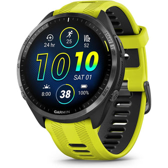 Garmin Forerunner 965 – Carbon Grey Titanium Bezel, Black Case, Amp Yellow/Black Silicone Band