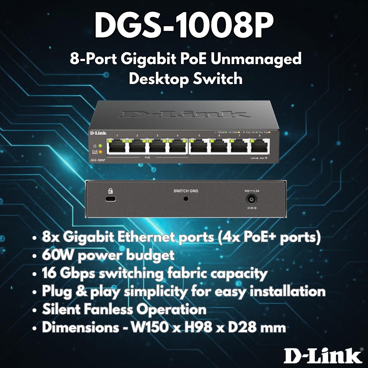 Buy D LINK,D-Link DGS-1008P 8-Port Gigabit Unmanaged PoE+ Network Switch – 4 PoE Ports, 60W Power Budget, Plug & Play, Metal Case - Gadcet UK | UK | London | Scotland | Wales| Near Me | Cheap | Pay In 3 | Power Over Ethernet Switches