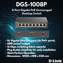D-Link DGS-1008P 8-Port Gigabit Unmanaged PoE+ Network Switch – 4 PoE Ports, 60W Power Budget, Plug & Play, Metal Case