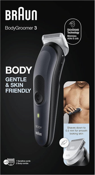 Braun Body Groomer 3 BG3350 - Manscaping Tool with SkinShield Technology, Sensitive Comb, Wet & Dry, 100% Waterproof, UK 2 Pin Plug - Black/Grey