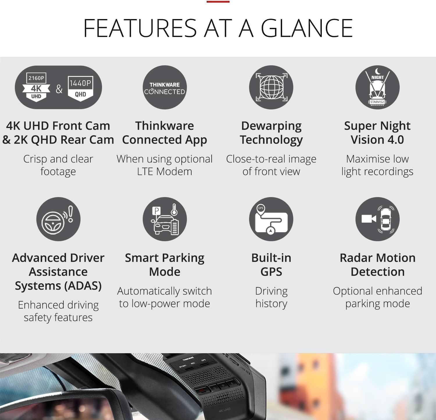 Thinkware U3000 PRO Dash Cam - 4K UHD 2160p Front Car Camera - Built-in GPS, Super Night Vision 4.0, Hardwire Lead For Battery Safe Radar Parking Mode - 64GB SDCard - Android/iOS App