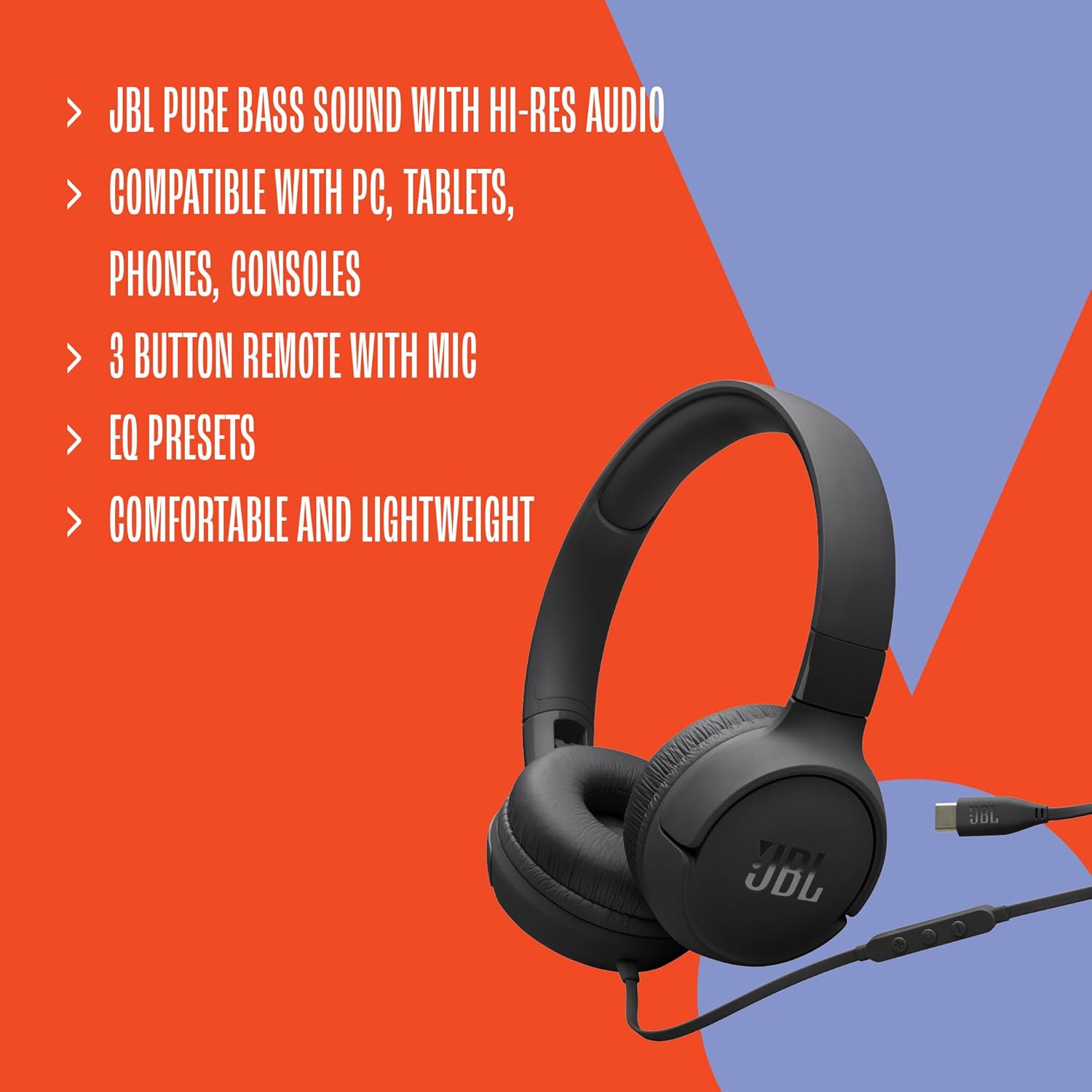 JBL Tune 520 C Comfort Fit Wired On Ear Headphones with Microphone, Pure Bass Sound, EQ Presets, USB-C Connectivity, Foldable Design and Tangle-Free Cable, Black