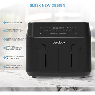 Buy DEVOLOGY,Devology Double Air Fryer, 9L, 2 x 4.5L Dual Zone , Air Fryer, 12-in-1 Pre-Sets, Digital LED Display, Two Zone Airfryer,Healthy Oil-free, Dual Basket Air Fryer - Gadcet UK | UK | London | Scotland | Wales| Near Me | Cheap | Pay In 3 | Kitchen & Home Appliances