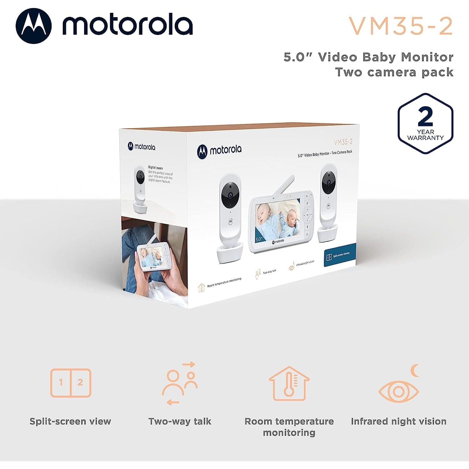 Buy Motorola,Motorola Nursery VM35-2 / Ease 35 Twin Baby Monitor with 2 Cameras 5.0 Inch Video Baby Monitor Display Split Screen Display Night Vision TwoWay Communication Lullabies Zoom Room Temperature, White - Gadcet.com | UK | London | Scotland | Wales| Ireland | Near Me | Cheap | Pay In 3 | Monitors