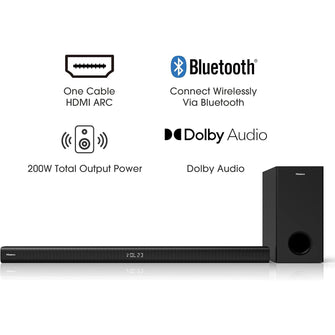 Buy Hisense,Hisense HS218 2.1ch Sound Bar with Wireless Subwoofer – 200W, Dolby Audio, Bluetooth, HDMI ARC/Optical/AUX/USB, 3 EQ Modes, Black - Gadcet UK | UK | London | Scotland | Wales| Near Me | Cheap | Pay In 3 | Speakers