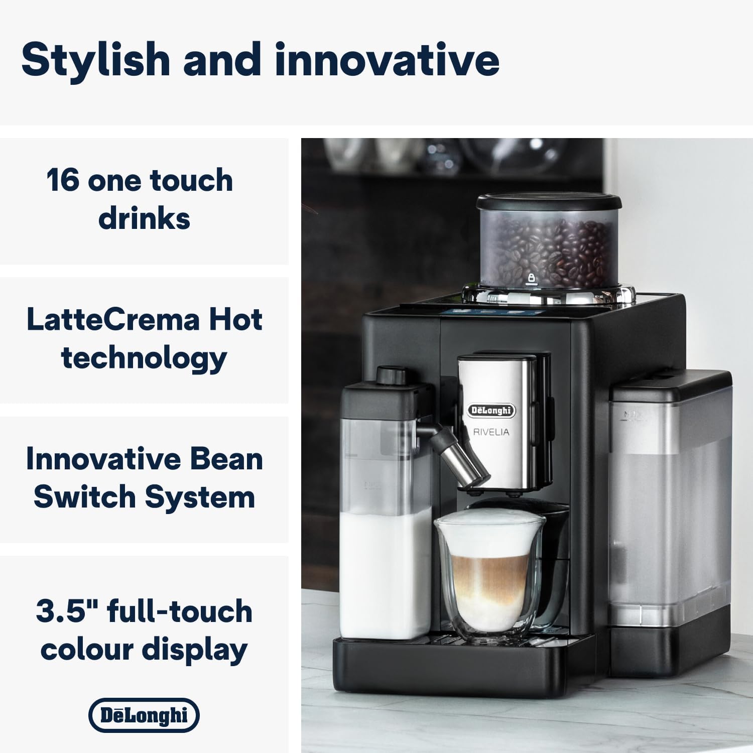 Buy De'Longhi,De'Longhi Rivelia EXAM440.55.B, Fully Automatic Coffee Machine with LatteCrema Hot, Automatic Milk Frother, Compact Size Bean to Cup Coffee Machine, 16 Recipes, Full Touch Coloured Display Black - Gadcet UK | UK | London | Scotland | Wales| Near Me | Cheap | Pay In 3 | Coffee Makers & Espresso Machines