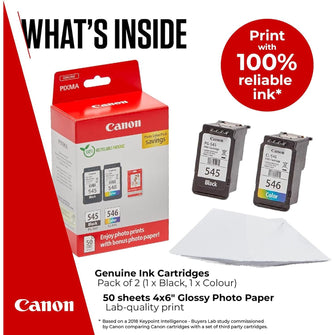Canon PG-545/CL-546 Ink & Photo Paper Multipack – Genuine Cartridges (Black & Colour) + 50 Sheets 4x6 Photo Paper