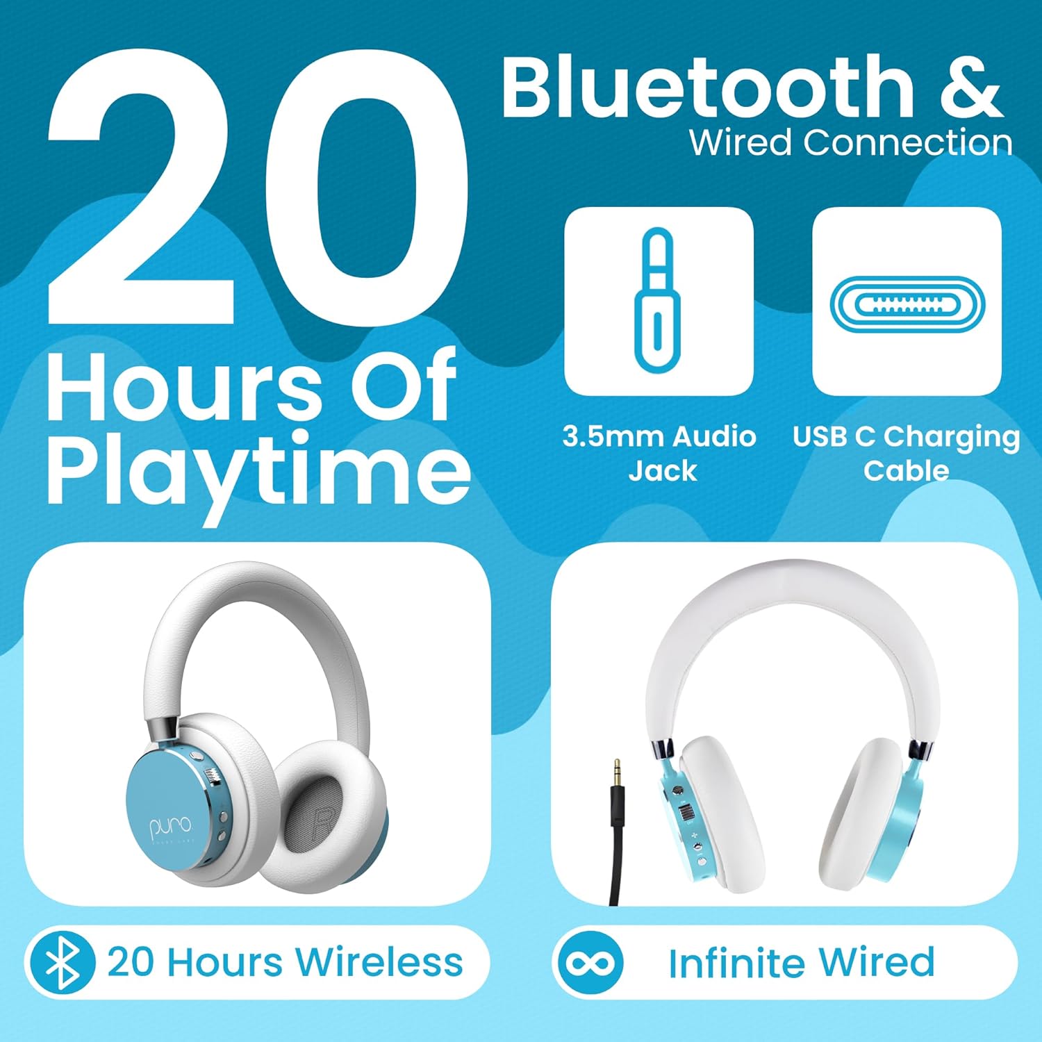 Buy Puro,Puro Sound Labs BT2200 Plus Kids Bluetooth Headphones – Teal | Volume-Limiting 85dB, Studio-Grade Audio, 20-Hour Battery Life, Comfortable Over-Ear Design, Wireless Connectivity - Gadcet UK | UK | London | Scotland | Wales| Near Me | Cheap | Pay In 3 | Over-Ear Headphones