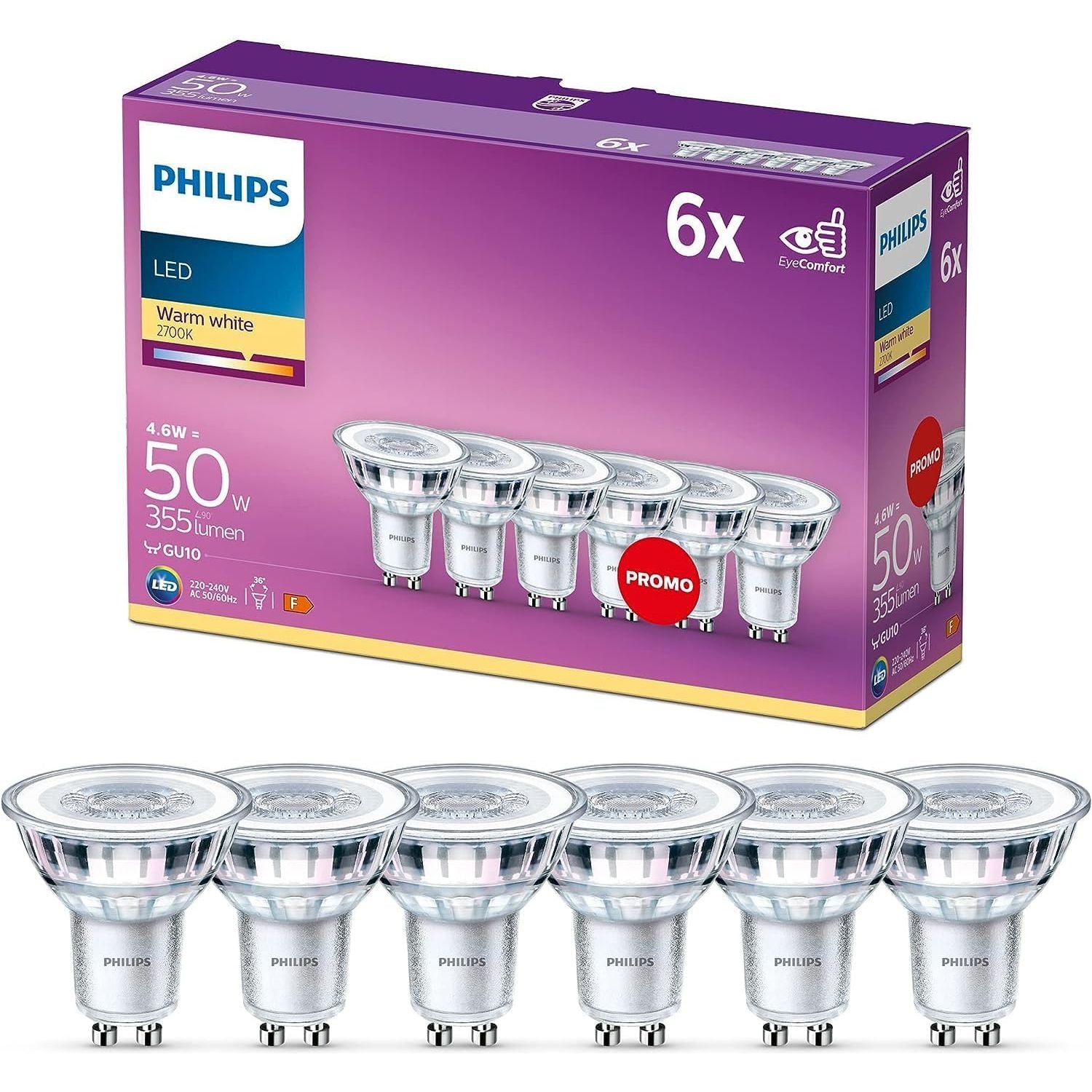 Buy Philips,Philips LED Classic Light Bulb 6-Pack – GU10 Spot, 4.6W (50W Equivalent), Warm White (2700K), Non-Dimmable - Gadcet UK | UK | London | Scotland | Wales| Near Me | Cheap | Pay In 3 | LED Light Bulbs