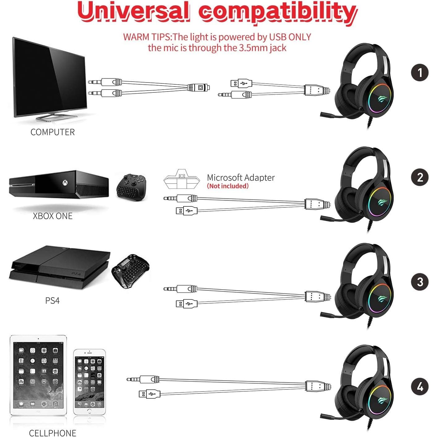 Buy Havit,havit RGB Wired Gaming Headset PC USB 3.5mm XBOX / PS4 / PS5 Headsets with 50MM Driver, Surround Sound & HD Microphone, XBOX Computer Laptop, Black - Gadcet UK | UK | London | Scotland | Wales| Ireland | Near Me | Cheap | Pay In 3 | Headphones & Headsets