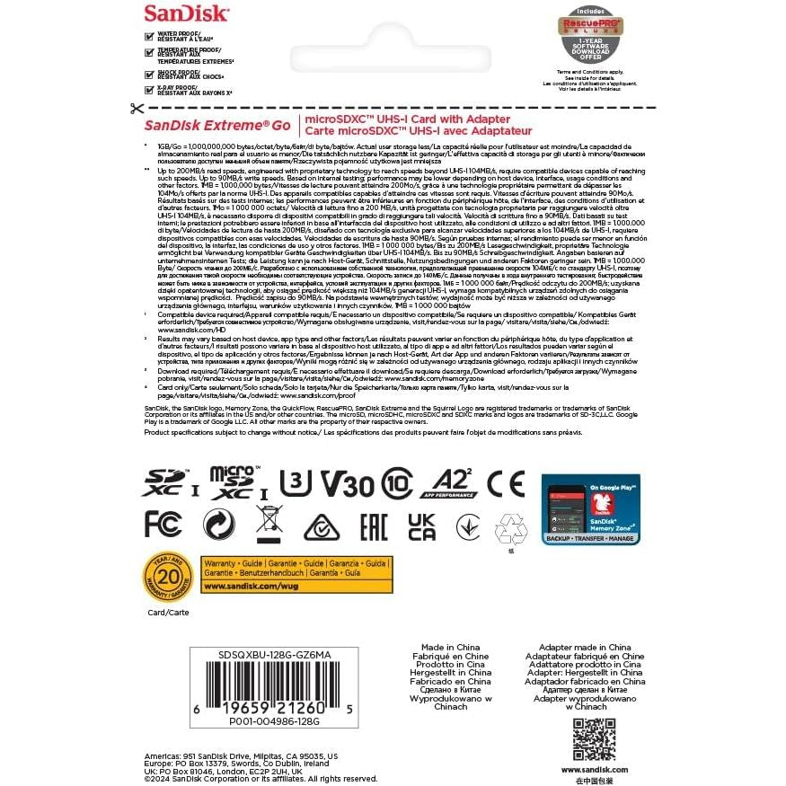 Buy SanDisk,SanDisk 128GB Extreme Go microSDXC Card + SD Adapter – UHS-I, up to 200MB/s, V30, U3, Class 10 – 5K/4K UHD – for Android, Drones, Action Cams, Gaming - Gadcet UK | UK | London | Scotland | Wales| Near Me | Cheap | Pay In 3 | Flash Memory Cards