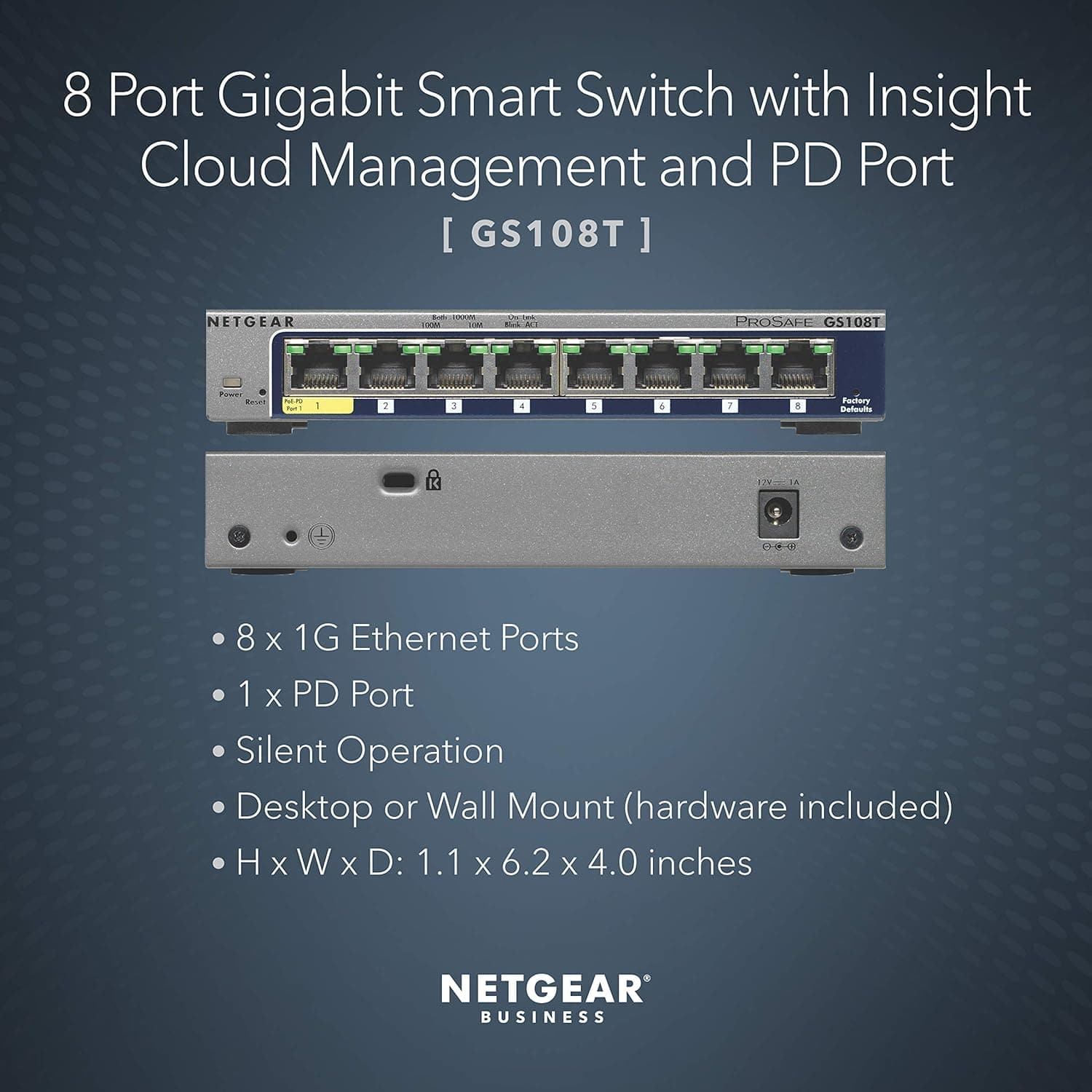 NETGEAR 8-Port Gigabit Ethernet Smart Switch (GS108T) - Managed, with 1 x PD port, Optional Insight Cloud Management, Desktop or Wall Mount, Silent Operation, and Limited Lifetime Protection - 2