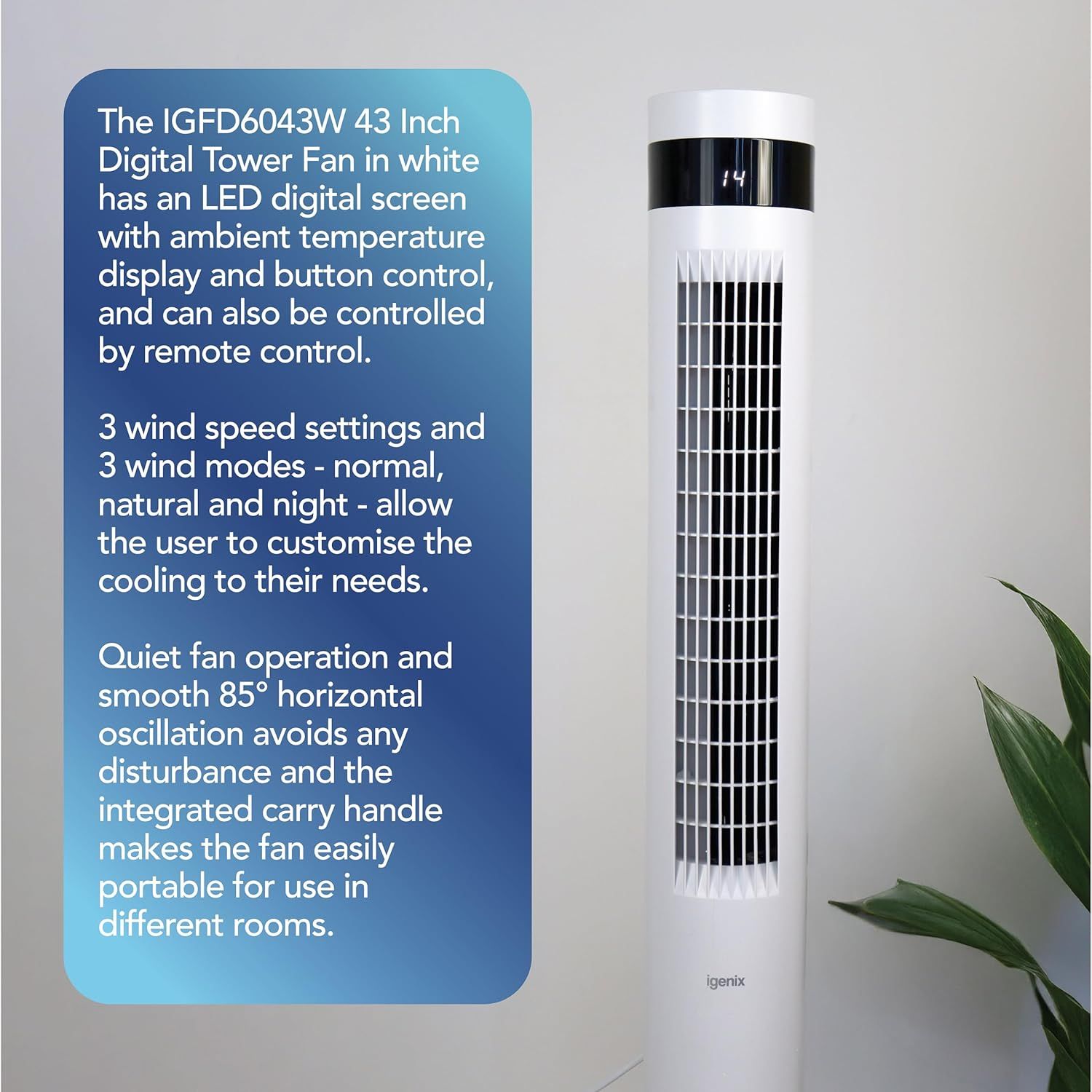 Buy Igenix,Igenix IGFD6043W Oscillating Digital Tower Fan – 43 Inch, White - Gadcet UK | UK | London | Scotland | Wales| Near Me | Cheap | Pay In 3 | Desk & Pedestal Fans