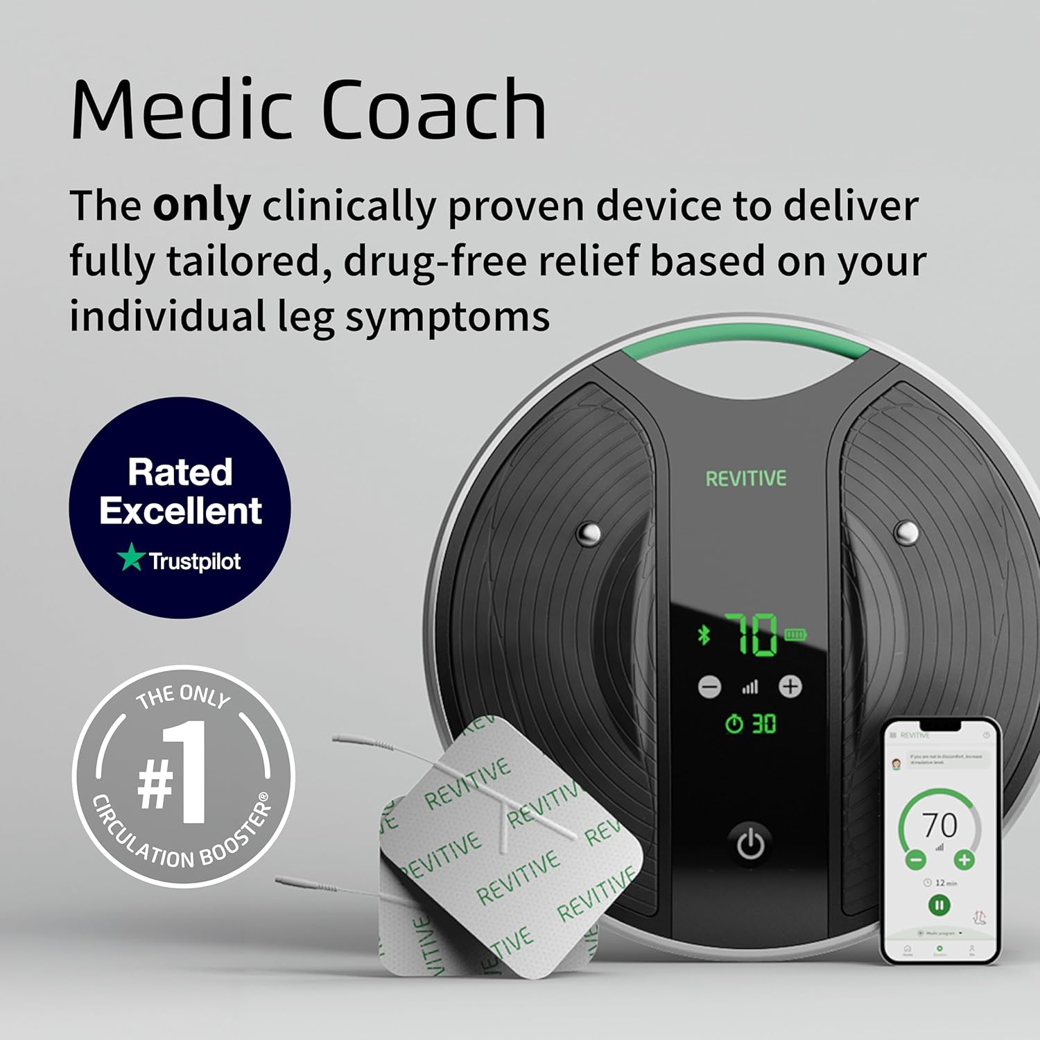 Revitive NEW and Improved Medic Coach® Smart Circulation Booster – Personalised Drug-Free Relief for Leg & Knee Pain, Clinically Proven, Cordless