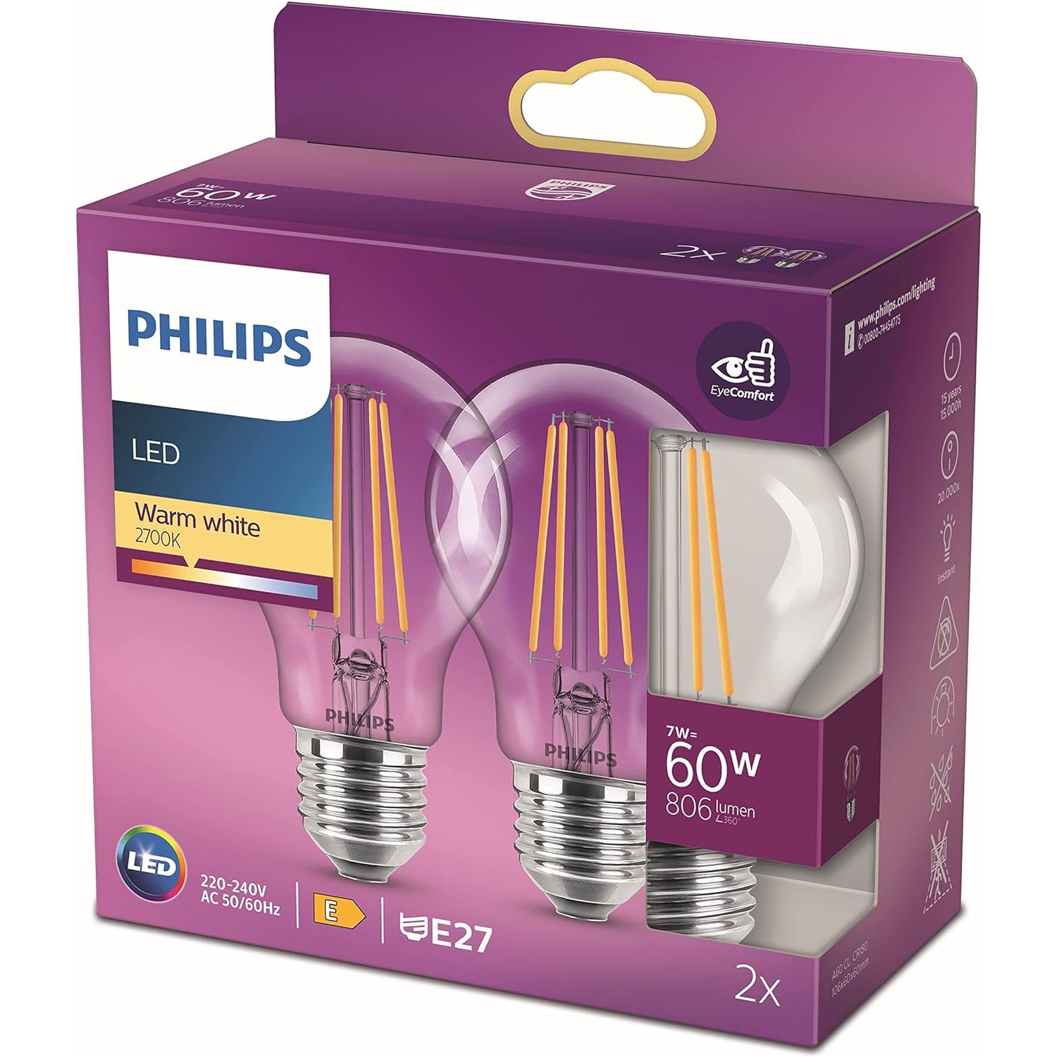 Buy Philips,Philips LED Classic A60 Light Bulb – 7W (60W Equivalent), Warm White 2700K, Non-Dimmable, E27 Edison Screw (Set of 2) - Gadcet UK | UK | London | Scotland | Wales| Near Me | Cheap | Pay In 3 | LED Light Bulbs