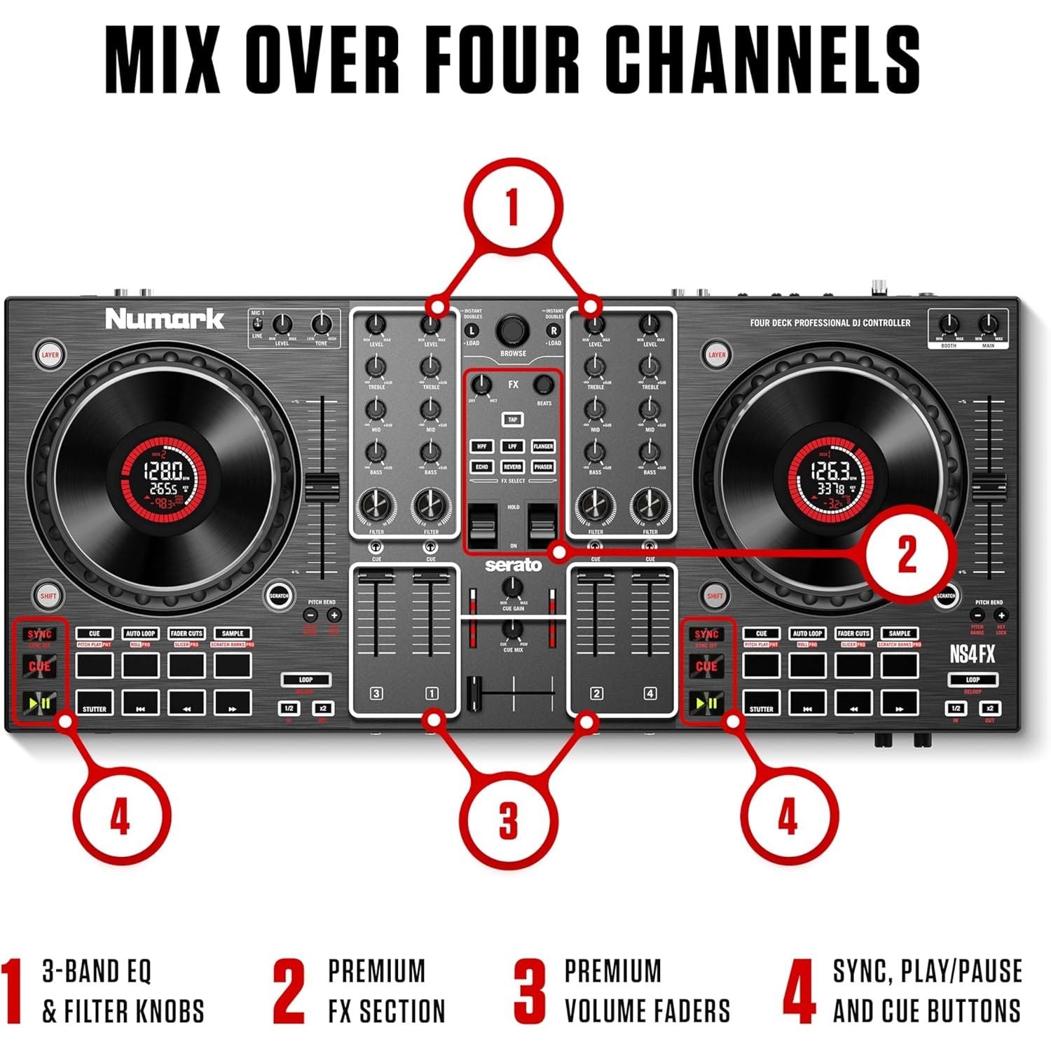 Buy Numark,Numark NS4FX Professional 4-Channel DJ Controller – High-Resolution Jog Wheel Displays, FX Paddles & Pro XLR Outputs - Gadcet UK | UK | London | Scotland | Wales| Near Me | Cheap | Pay In 3 | DJ Controllers