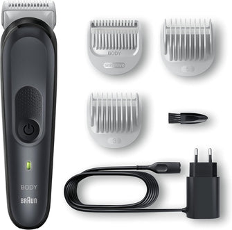 Braun Body Groomer 3 BG3350 - Manscaping Tool with SkinShield Technology, Sensitive Comb, Wet & Dry, 100% Waterproof, UK 2 Pin Plug - Black/Grey