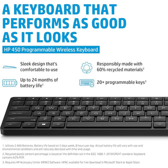 HP 450 Programmable Wireless Keyboard with 20+ Programmable Keys, Adjustable Incline, 20+ month Battery Life, made from 60% Recycled Materials