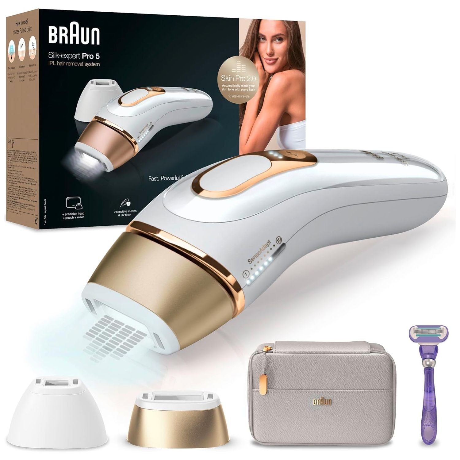 Buy Braun,Braun IPL Silk Expert Pro 5 Hair Removal - Permanent Hair Removal for Women & Men, 400,000 Flashes, Venus Razor, Premium Pouch, PL5137, White/Gold - Gadcet UK | UK | London | Scotland | Wales| Near Me | Cheap | Pay In 3 | Hair Removal