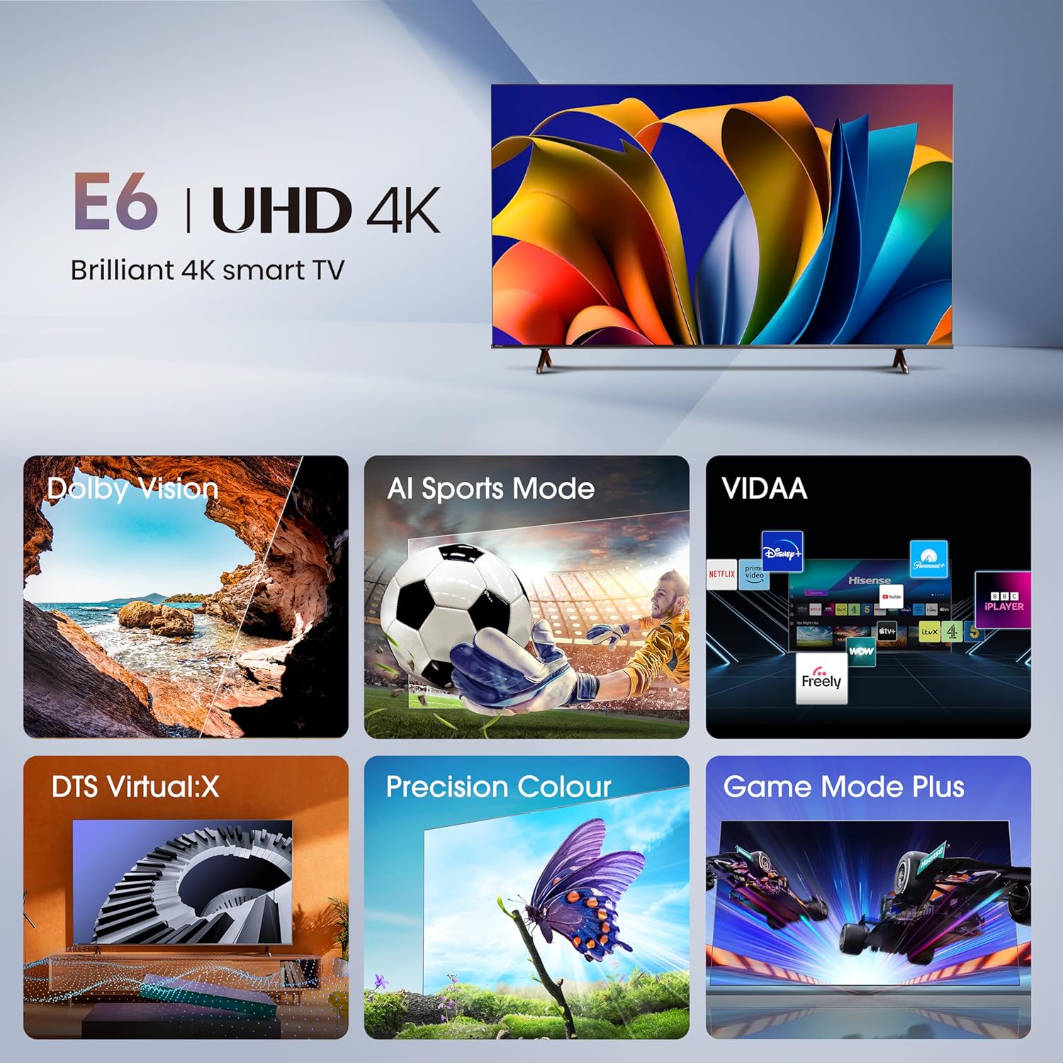 Buy Hisense,Hisense 43" 4K Smart TV (43E6NTUK, 2024) – Dolby Vision, Game Mode Plus, 60Hz VRR, Vidaa OS, Streaming Apps – Energy Class E - Gadcet UK | UK | London | Scotland | Wales| Near Me | Cheap | Pay In 3 | Televisions