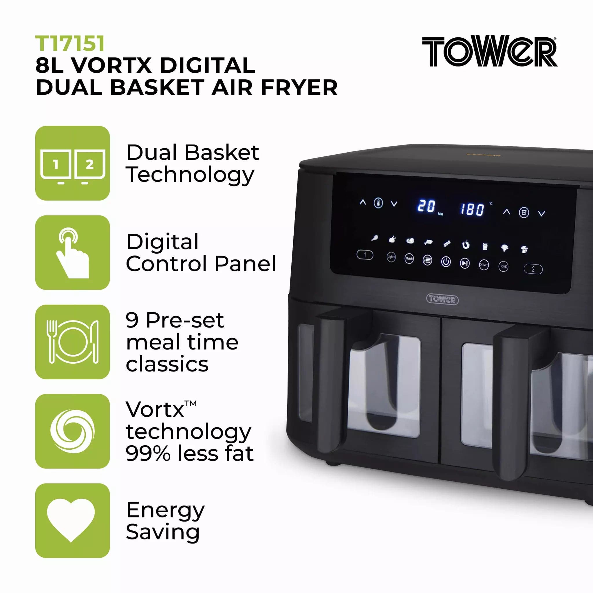 Buy TOWER,Vortx Vizion 8 Litre Digital Dual Basket Air Fryer - Gadcet UK | UK | London | Scotland | Wales| Near Me | Cheap | Pay In 3 | AIR FRYER / GRILL