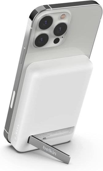 Buy Belkin,Belkin 5000 mAh Magnetic Wireless Power Bank, Portable Charger Compatible with MagSafe with Pass-thru Charging, 7.5W Output, 10W Input and Kickstand, Compatible with iPhone 13 and 12 Series – White - Gadcet.com | UK | London | Scotland | Wales| Ireland | Near Me | Cheap | Pay In 3 | Power Adapter & Charger Accessories
