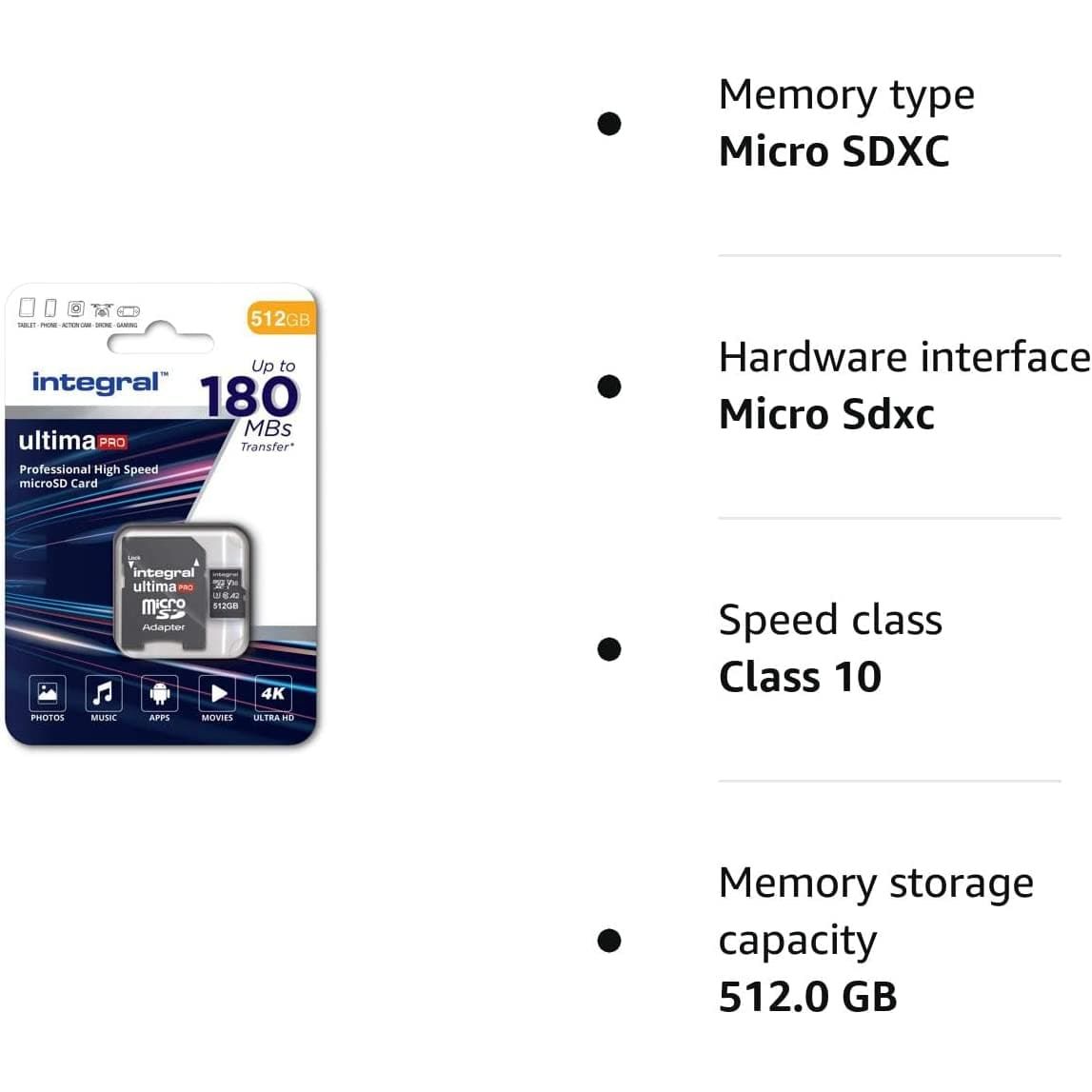 Integral 512GB Micro SD Card 4K Video Read Speed 180MB/s and Write Speed 150MB/s - Black