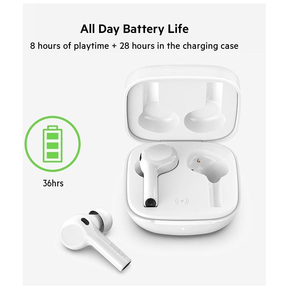 Belkin,Belkin Wireless Bluetooth Earphones, SOUNDFORM Freedom True Wireless Earbuds with Wireless Charging Case IPX5 Certified Sweat and Water Resistant with Deep Bass for iPhones and Androids - White - Gadcet.com