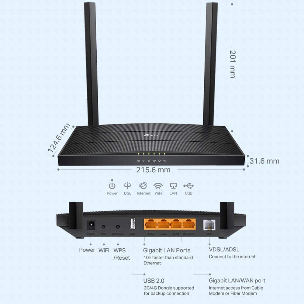 TP-Link,TP-Link AC1200 Wireless MU-MIMO VDSL/ADSL Modem Router, Dual-Band, Wi-Fi Speed Up To 1.2 Gbps, OneMeshTM, Versatile Connectivity, 4 x Gigabit Ports +1x 2.0 USB Port, Easy setup (Archer VR400) - Gadcet.com