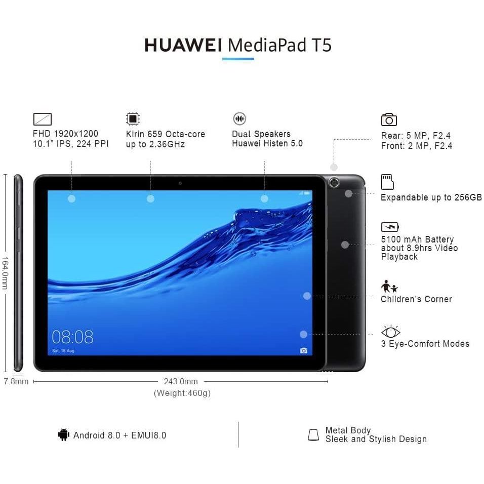 Buy Huawei,HUAWEI MediaPad T5 - 10.1 Inch Android 8.0 Tablet, RAM 3GB, ROM 32GB, D Black - Gadcet.com | UK | London | Scotland | Wales| Ireland | Near Me | Cheap | Pay In 3 | Tablet Computers