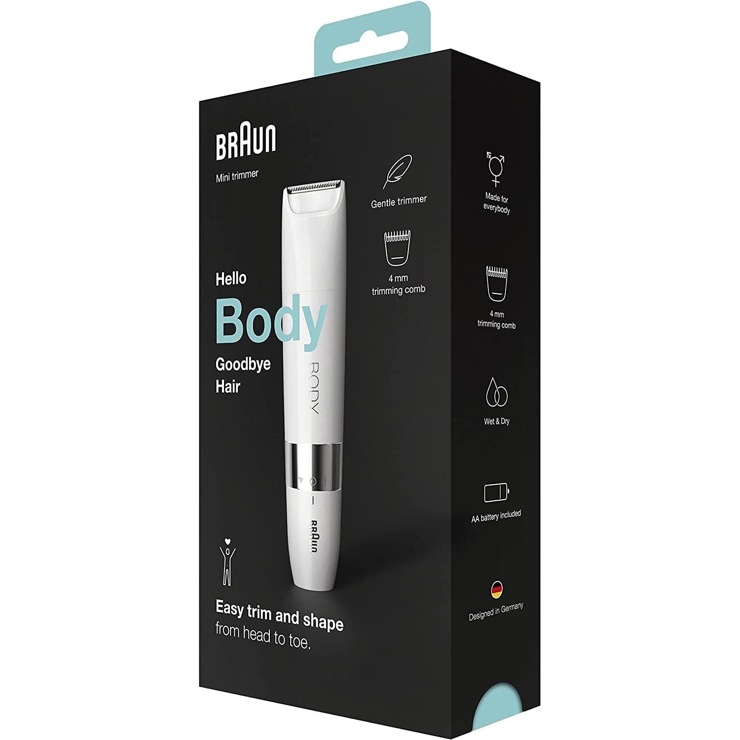 Braun,Braun Body Mini Trimmer, Gentle Body Hair Removal, Precision Trimmer, Wet & Dry, 100% Waterproof, BS1000, White - Gadcet.com