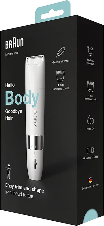 Braun,Braun Body Mini Trimmer, Gentle Body Hair Removal, Precision Trimmer, Wet & Dry, 100% Waterproof, BS1000, White - Gadcet.com