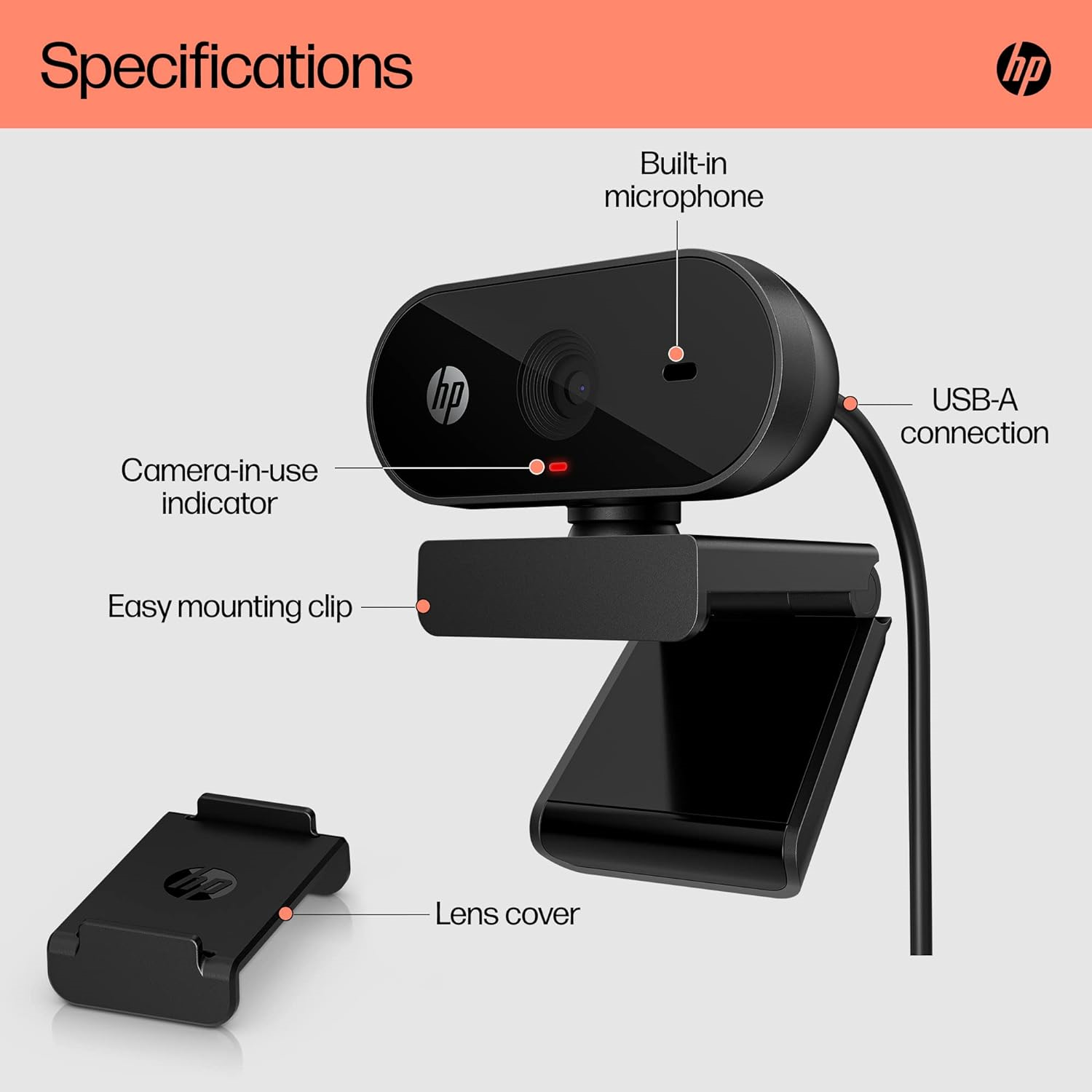 HP PC Webcam 320, 1080p FHD, Compatible with Chrome, Auto Light Corrector, Built-in Microphone, 66 Degree Wide Angle Field of View, Support with 360 Degree Swivel Clip [Black] - 7