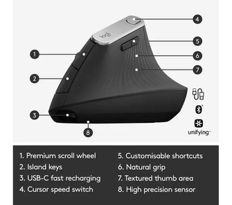 Logitech MX Vertical Ergonomic Mouse, Multi-Device, Bluetooth or 2.4GHz Wireless with USB Unifying Receiver, 4000 DPI Optical Tracking, 4 Buttons, Fast Charging, Laptop/PC/Mac/iPad OS- Black - 6