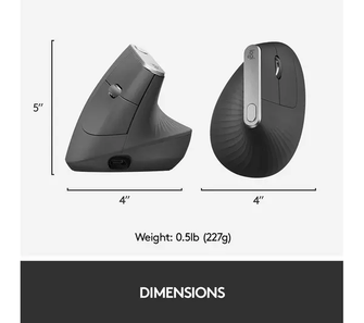 Logitech MX Vertical Ergonomic Mouse, Multi-Device, Bluetooth or 2.4GHz Wireless with USB Unifying Receiver, 4000 DPI Optical Tracking, 4 Buttons, Fast Charging, Laptop/PC/Mac/iPad OS- Black - 7