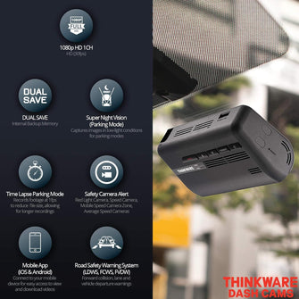 Thinkware F770 Dash Cam Full HD 1080p Front Car Camera Dashcam - Super Night Vision, Includes 16GB SD Card & Hardwire lead for Battery Safe Parking Mode Install - Android/iOS App - 3